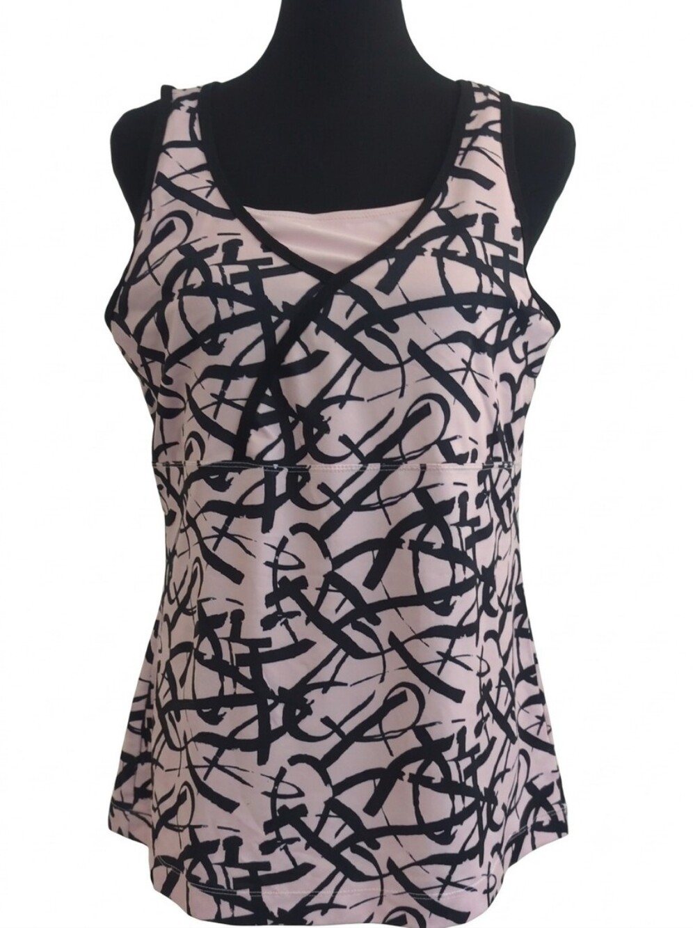 Xersion A-Line Activewear Tank Tunic Top Pink Black Abstract Scribble Print XL